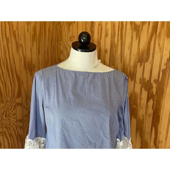 Zara Woman Pinstriped Top Crochet Lace Guipure Sleeve Blue Blouse Pullover XS - Picture 5 of 9